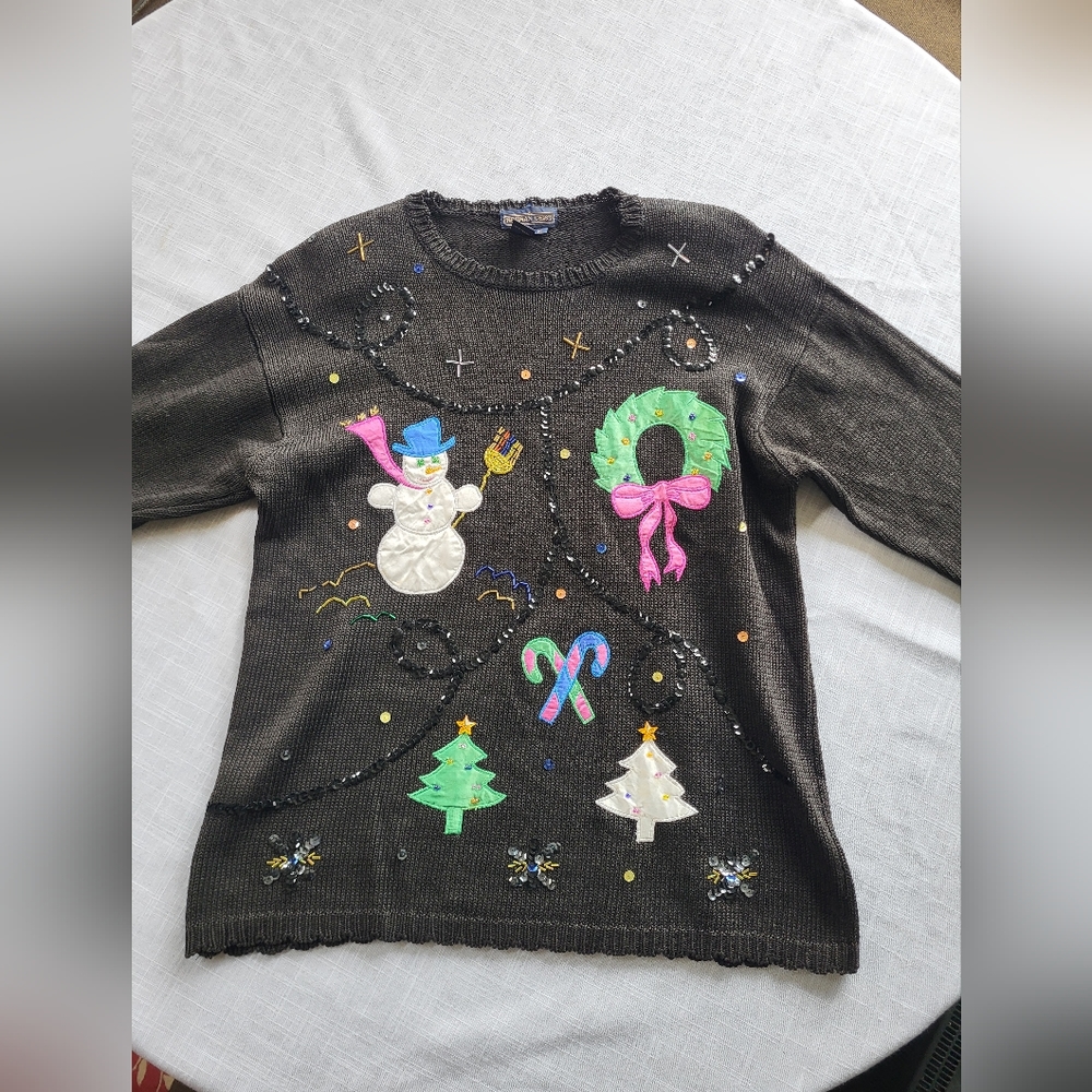 Vintage Herman Geist Hand Embroidered Christmas Sweater Bead Sequins Applique